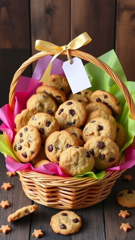 An assorted cookie hamper filled with various cookies, beautifully presented with a gift tag.